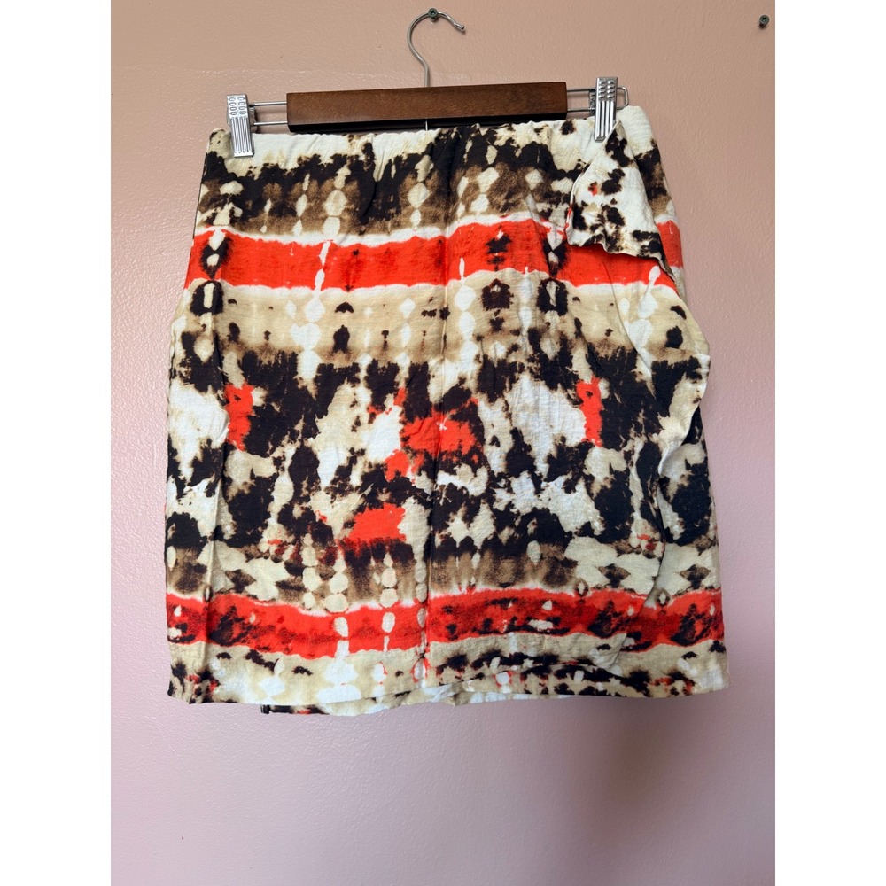 Vince Camuto 4 Orange Brown Tie Dye Faux Wrap Mini Skirt Rayon Blend Batik Boho